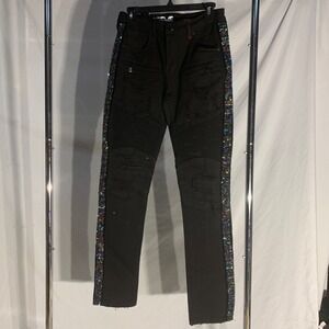 PREME Designer Bedazzled Ripped Black Denim Jeans Streetwear Mens 32